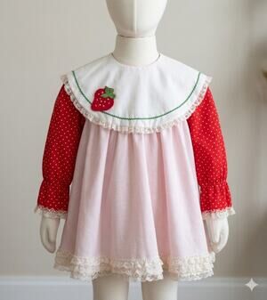 Vintage Mini World Girls Size 3 Strawberry Pinafore Dress Red Polka Dot 1970's
